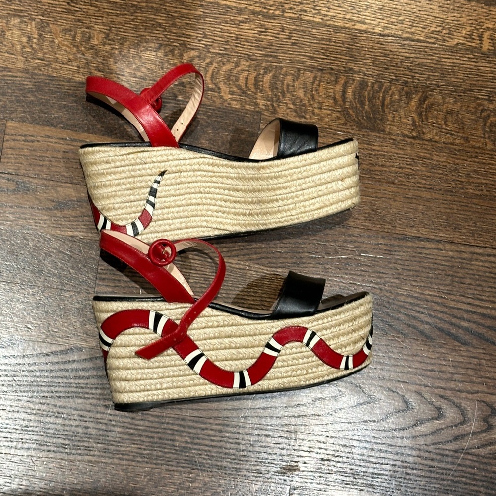 GUCCI  Barbette Snake Appliqué Espadrille Wedge Sandel *Black/Red *Size:IT 39